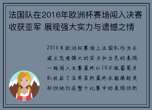 法国队在2016年欧洲杯赛场闯入决赛收获亚军 展现强大实力与遗憾之情