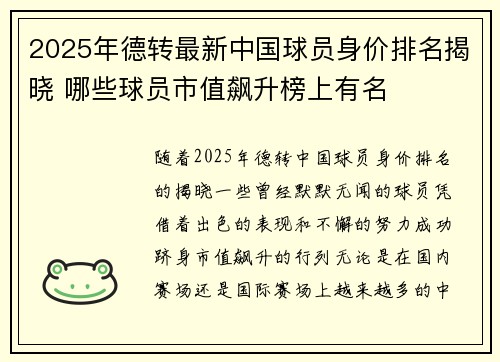 2025年德转最新中国球员身价排名揭晓 哪些球员市值飙升榜上有名