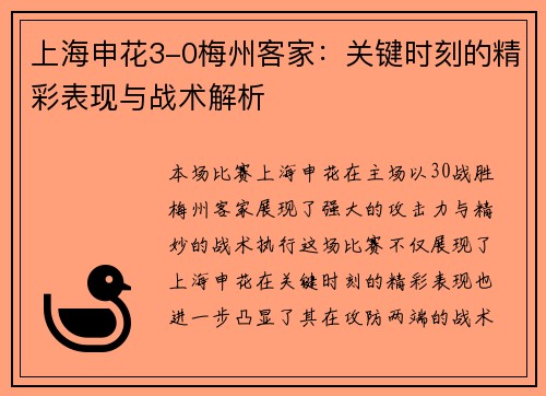 上海申花3-0梅州客家：关键时刻的精彩表现与战术解析
